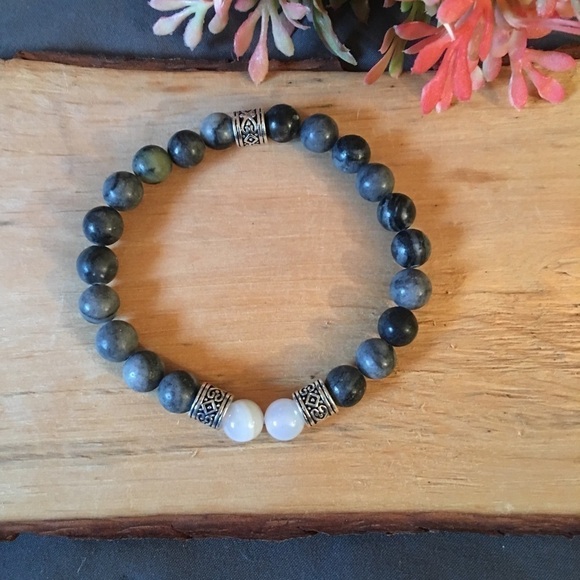 Black/grey network stone & banded agate bracelet - Picture 1 of 4